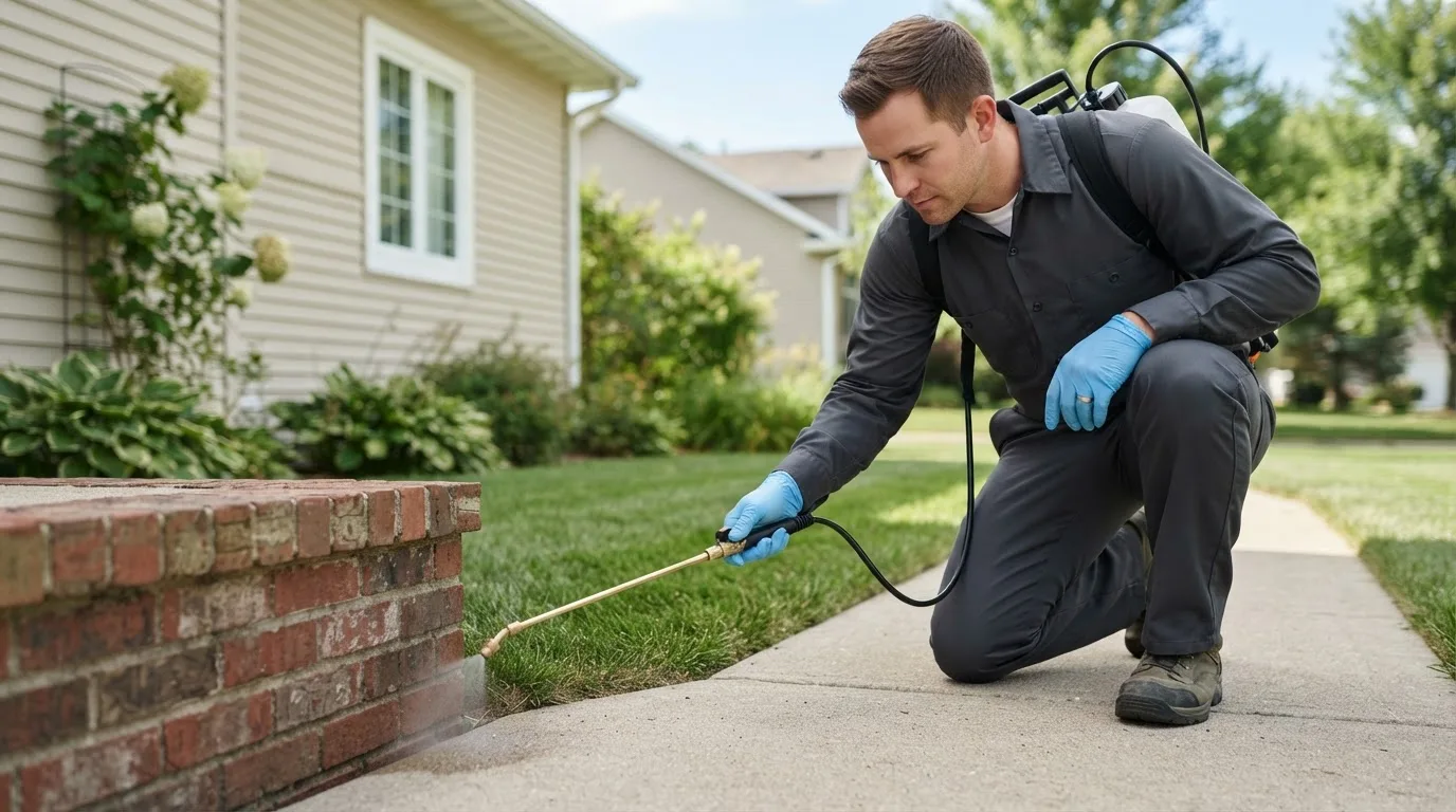 Pest control technician treating a home near Lake Mills, WI