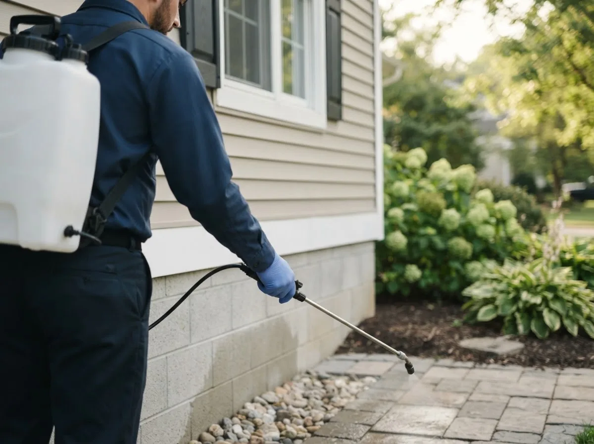 Pest control technician inspecting a home in Lake Mills, WI